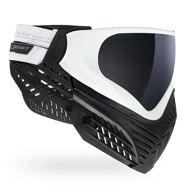 Left side of White paintball mask Virtue VIO X6 Goggle White Storm with black lens, black skirt and black ears on a white background