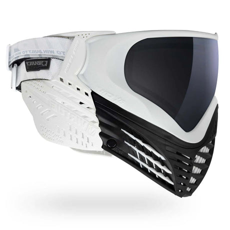 Right side of White paintball mask Virtue VIO X6 Goggle White Storm with black lens, black skirt and white ears on a white background