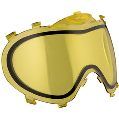 Yellow Dye i3 Pro lens for paintball goggle on a white background