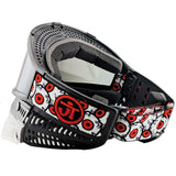 Left side Jt paintball goggle strap in orange red, black and white with eyeballs installed on a goggle Proflex and Flex 8 on a white background.