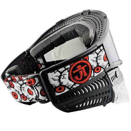 Right side Jt paintball goggle strap in orange red, black and white with eyeballs installed on a goggle Proflex and Flex 8 on a white background.