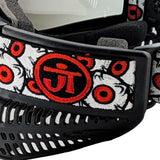 Close up right side Jt paintball goggle strap in orange red, black and white with eyeballs installed on a goggle Proflex and Flex 8 on a white background.