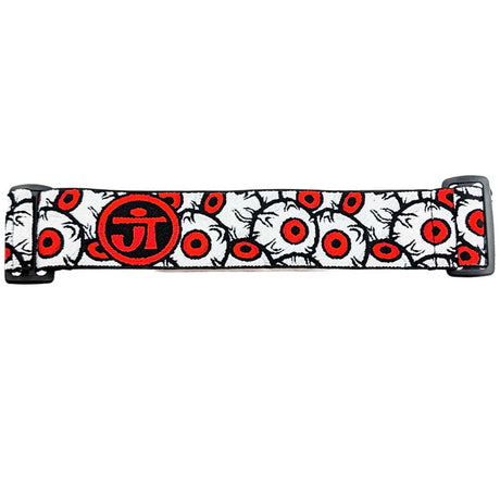 Jt paintball goggle strap in orange red, black and white with eyeballs for Proflex and Flex 8 on a white background.