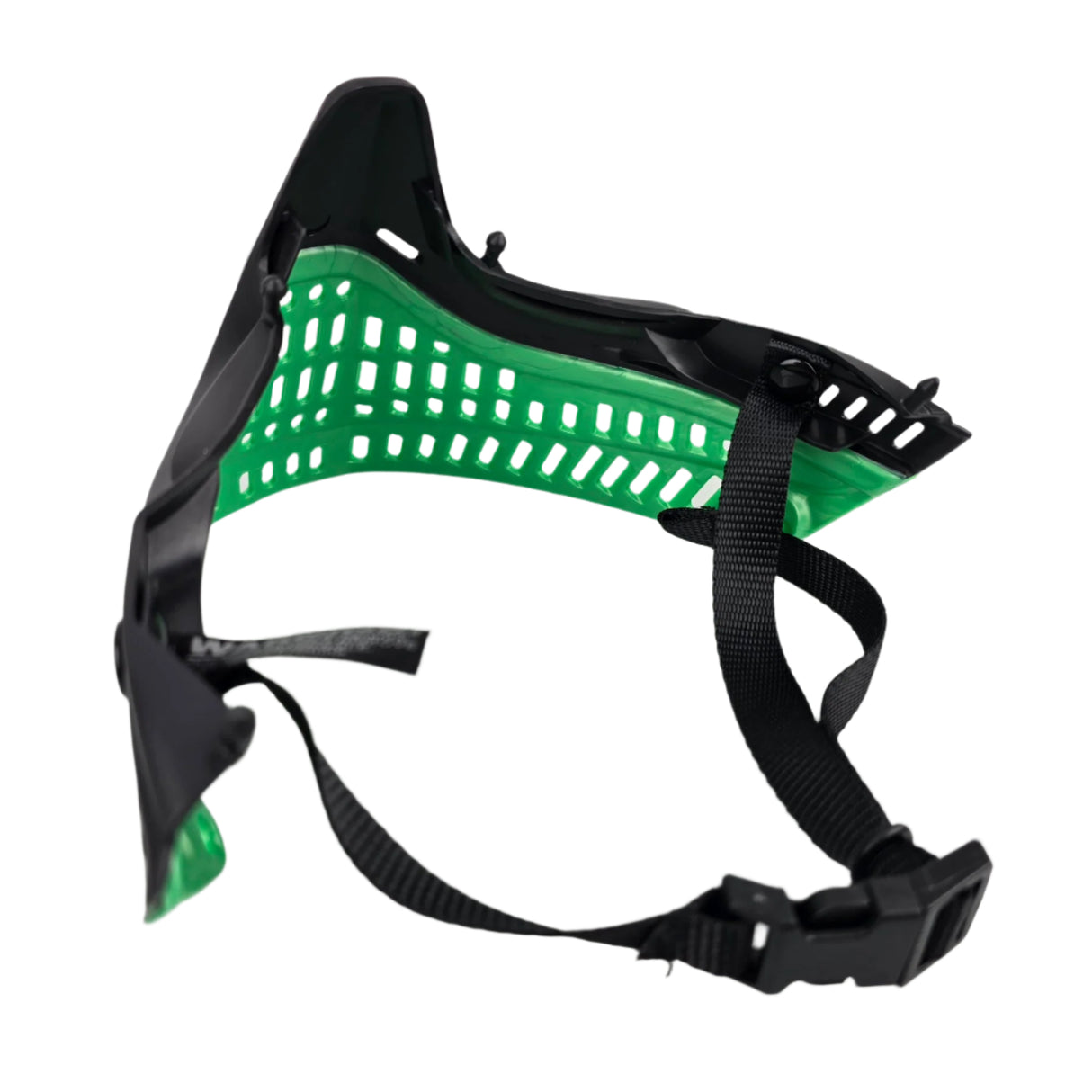back of JT Proflex Goggle Skirt Bottom Black Liquid Metal Green on a white background
