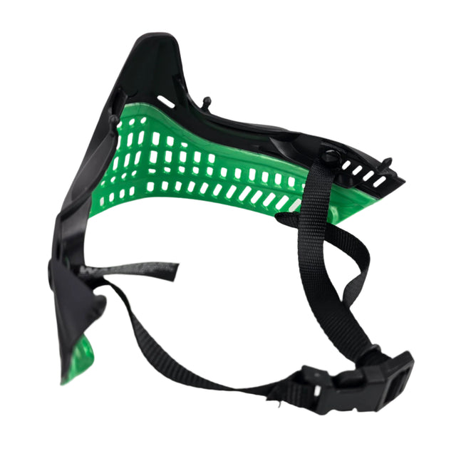 back of JT Proflex Goggle Skirt Bottom Black Liquid Metal Green on a white background
