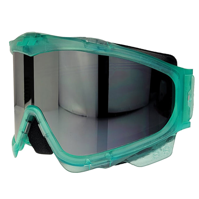 Left side JT ProFlex Goggle Frame Teal Ice with Chrome Thermal Lens for paintball