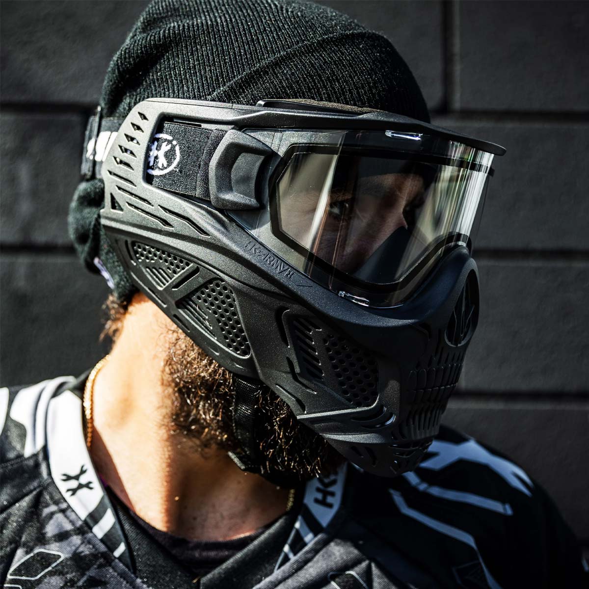 HK Army HSTL Thermal Lens dual pane clear on a paintball goggle wearing person