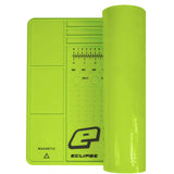 Partially rolled up Eclipse Magnetic Tech Mat XL Green for paintball repairs with ruler, oring sizes, anti roll for barrels, rubber on a white background.