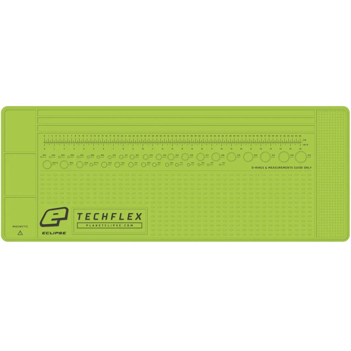 Eclipse Magnetic Tech Mat XL Green for paintball repairs with ruler, oring sizes, anti roll for barrels, roll up rubber on a white background.