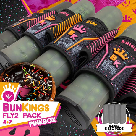 Bunkerkings Fly2 Pack Pink Box Bunkings LTD Edition 4+7 with 8 ESC Pods with colorful packaging and donut illustration.