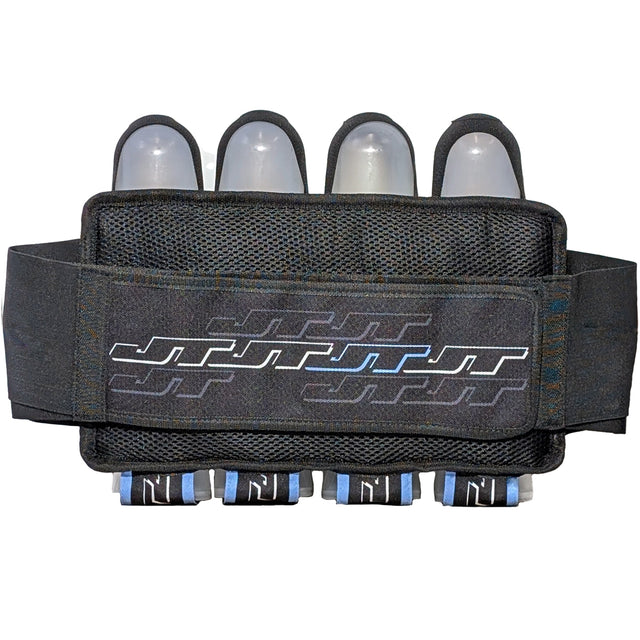 Back of blue JT Race 4 Pod Paintball Harness Birthstone paintball pod holder with four pods on a white background