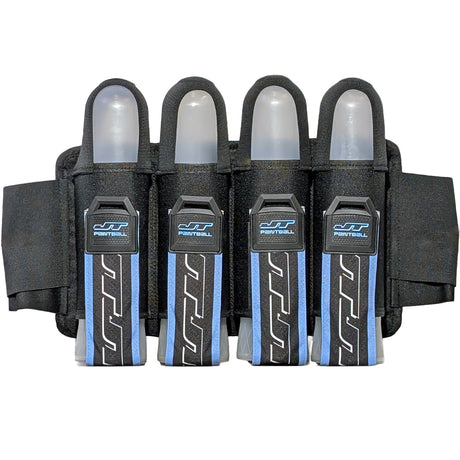 Light blue JT Race 4 Pod Paintball Harness Birthstone paintball pod holder with four pods on a white background
