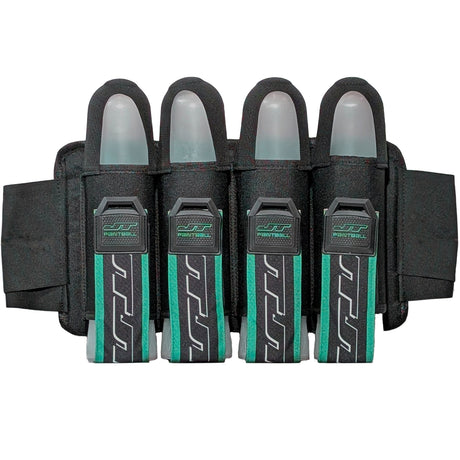 Black and green JT Race 4 Pod Paintball Harness Birthstone paintball pod  holder with four pods on a white background