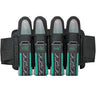 Black and green JT Race 4 Pod Paintball Harness Birthstone paintball pod  holder with four pods on a white background