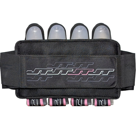 Back of pink JT Race 4 Pod Paintball Harness Birthstone paintball pod holder with four pods on a white background