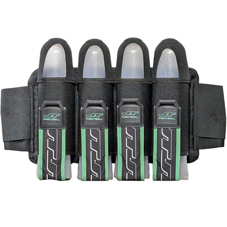 black and green JT Race 4 Pod Paintball Harness Birthstone paintball pod holder with four pods on a white background