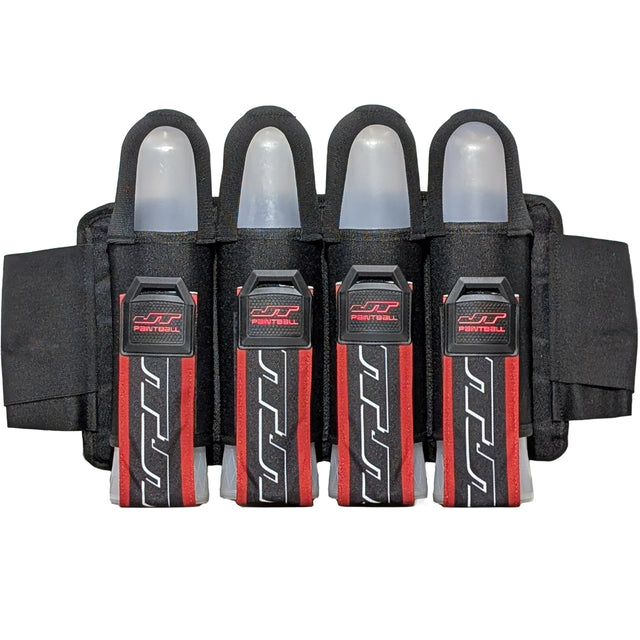 red and black JT Race 4 Pod Paintball Harness Birthstone paintball pod holder with four pods on a white background