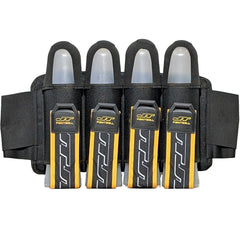 yellow JT Race 4 Pod Paintball Harness Birthstone paintball pod holder with four pods on a white background