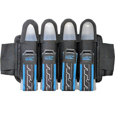 black and blue JT Race 4 Pod Paintball Harness Birthstone paintball pod holder with four pods on a white background