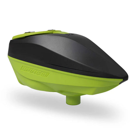 k and lime green paintball loader angled view.