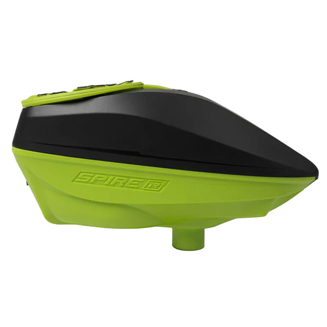 Black and lime green paintball loader side view.