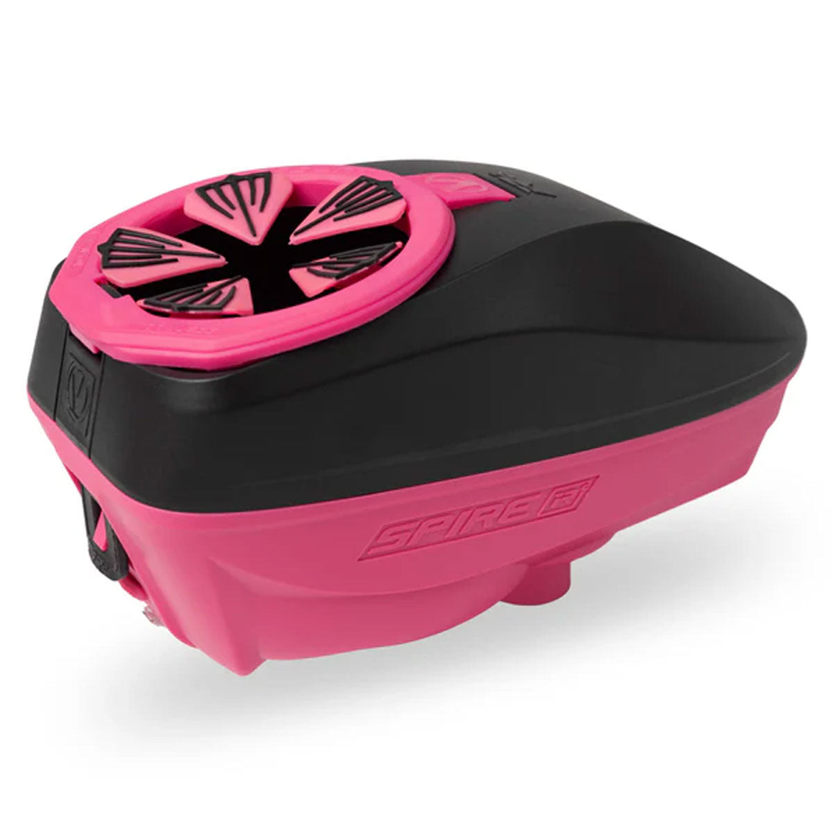 Pink and black paintball loader top view.