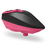 Pink and black paintball loader angled view.