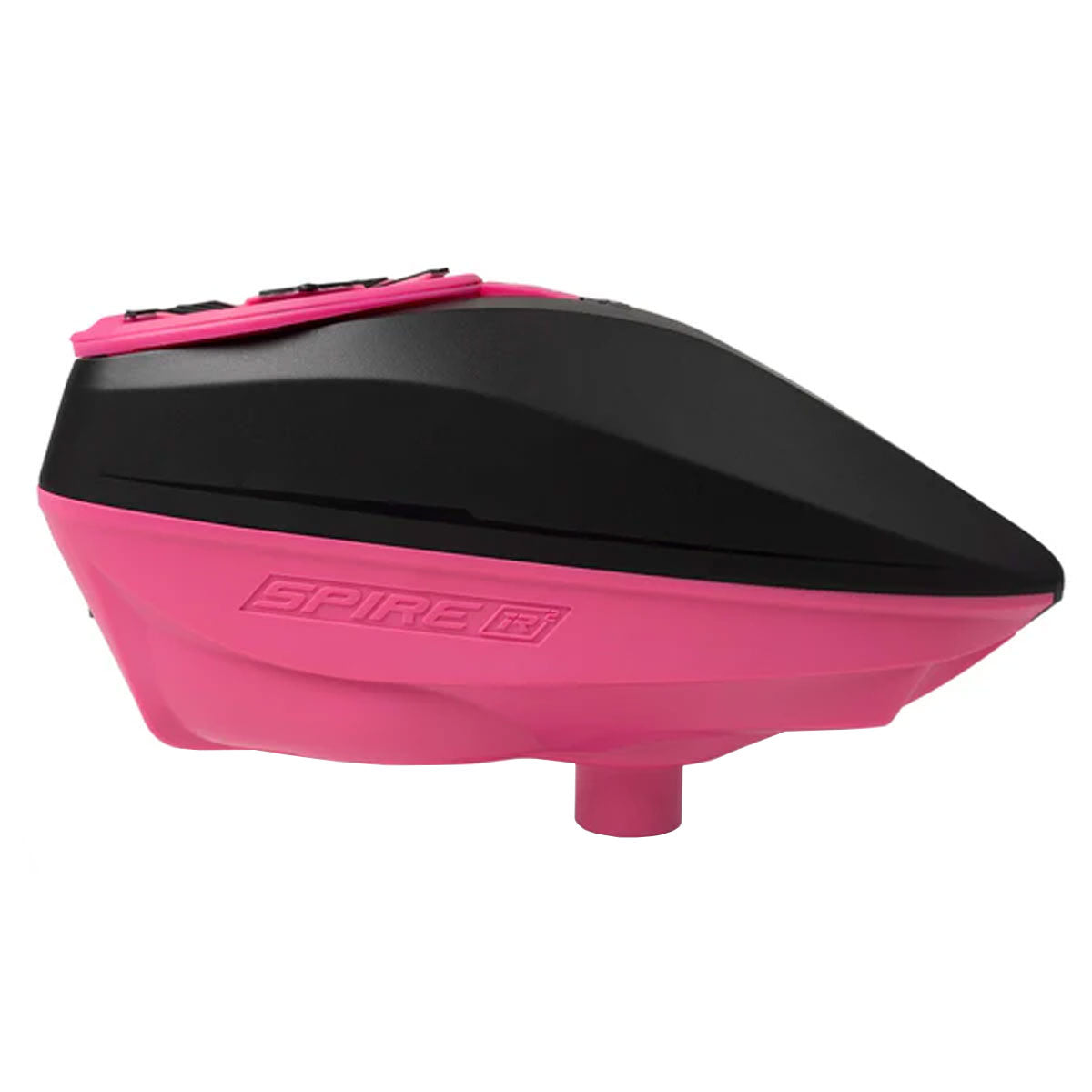 Pink and black paintball loader side view.
