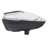 See through and black paintball loader side view.