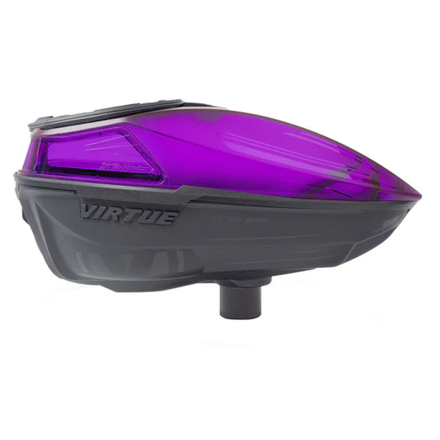 Black and opaque purple paintball loader side view.