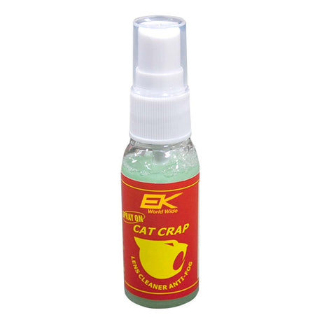 Cat Crap Anti Fog Lens Cleaner 1oz Spray bottle with red and yellow label on a white background