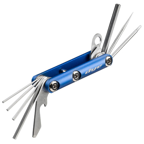 Blue Dye Core Multi Tool open displaying assorted tools on a white background
