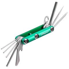 Green Dye Core Multi Tool open displaying assorted tools on a white background