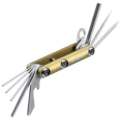 Gold yellow Dye Core Multi Tool open displaying assorted tools on a white background