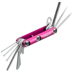 PInk Dye Core Multi Tool open displaying assorted tools on a white background