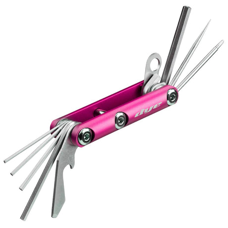 PInk Dye Core Multi Tool open displaying assorted tools on a white background
