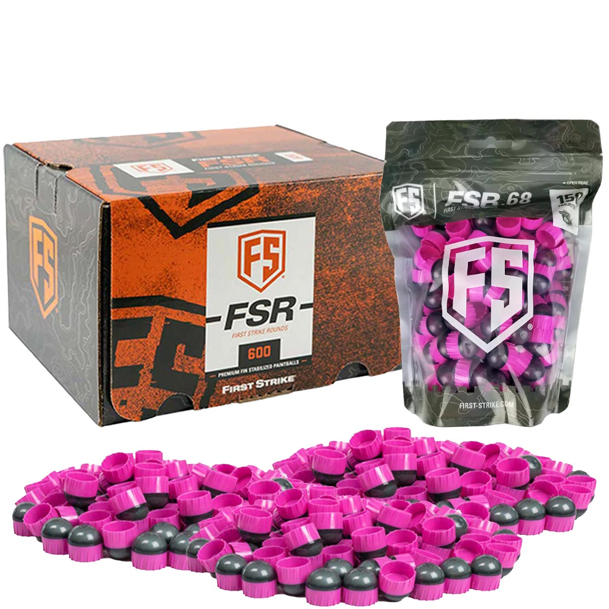 FSR (First Strike) product packaging with pink and purple rounds on a white background