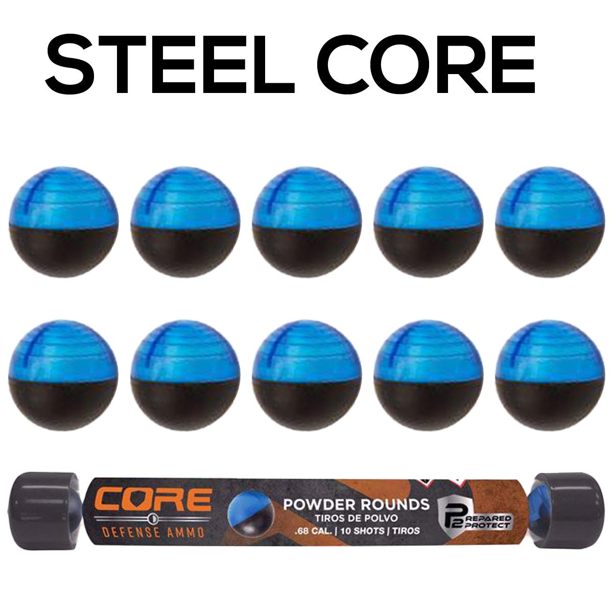 Blue and black powder rounds with 'CORE Defense Ammo' packaging on a white background
