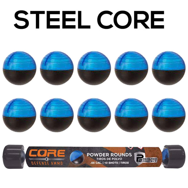 Blue and black powder rounds with 'CORE Defense Ammo' packaging on a white background