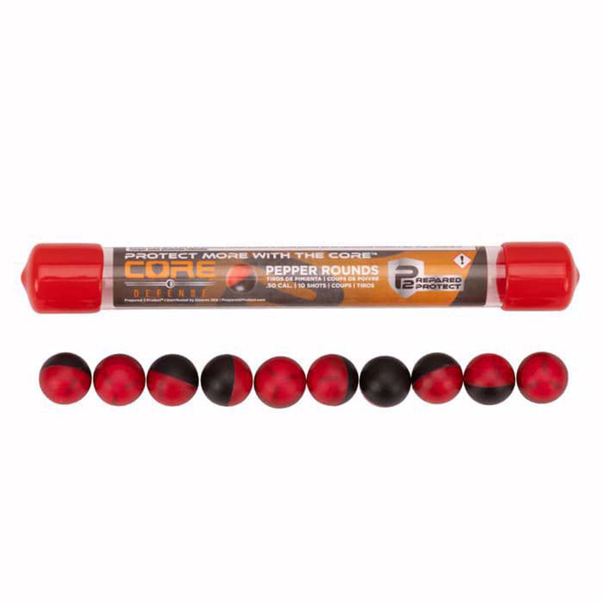 A tube of Core 10 Prepared Protect pepper rounds shown horizontally with ten pepper .50 caliber capsules aligned below it on a plain white background.