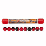 A tube of Core 10 Prepared Protect pepper rounds shown horizontally with ten pepper .50 caliber capsules aligned below it on a plain white background.
