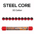 Steel core .50 caliber pepper round package shown with ten individual rounds above and the packaged tube below on a white background.