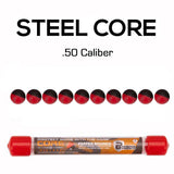 Steel core .50 caliber pepper round package shown with ten individual rounds above and the packaged tube below on a white background.
