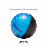 Steel core .50 caliber inert powder round with a translucent blue upper half and a matte black lower half, shown on a white background with dimension line indicating 12.7 mm and text reading .