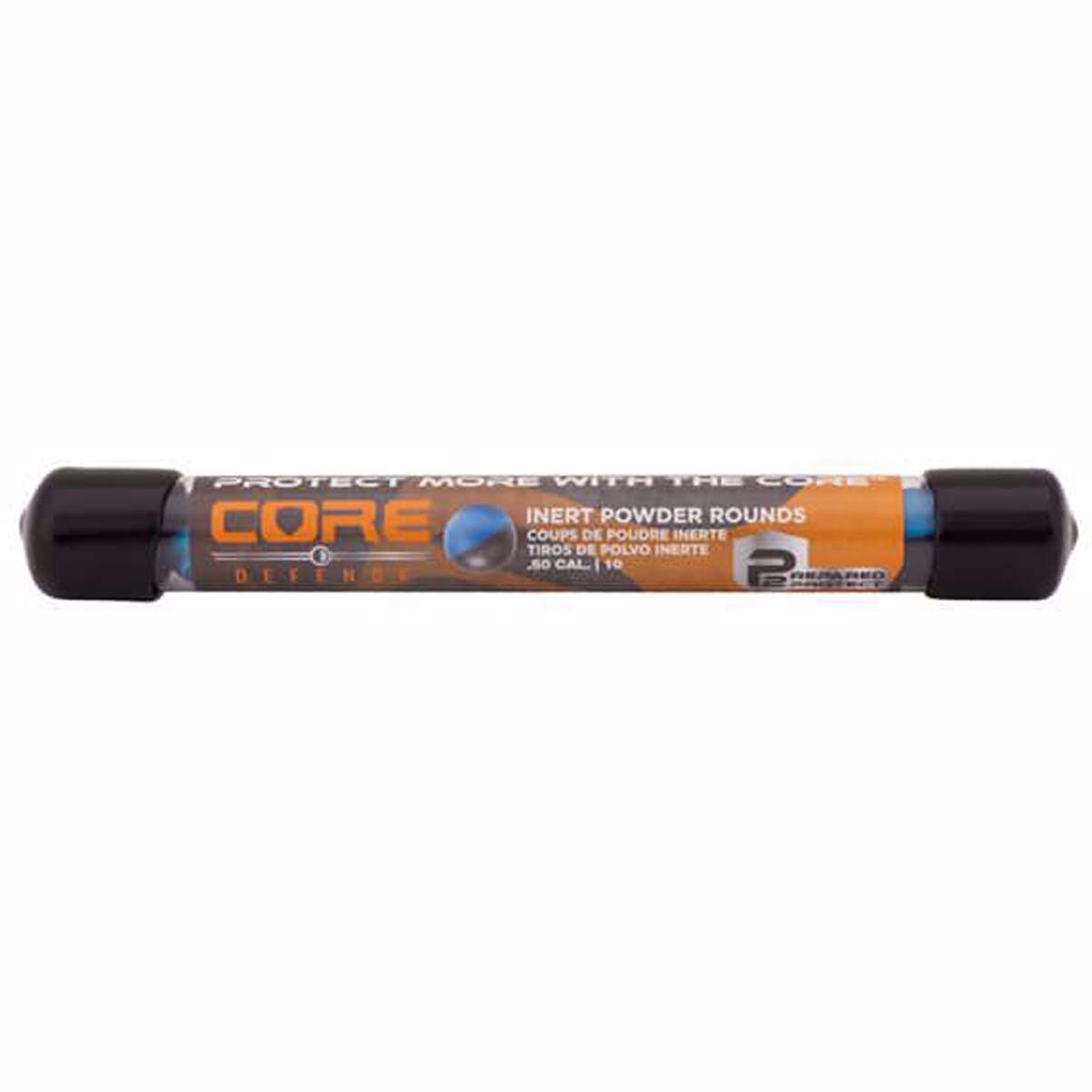 A Core Defense .50 Cal. inert powder round tube with black caps and an orange and black label, shown against a plain white background.