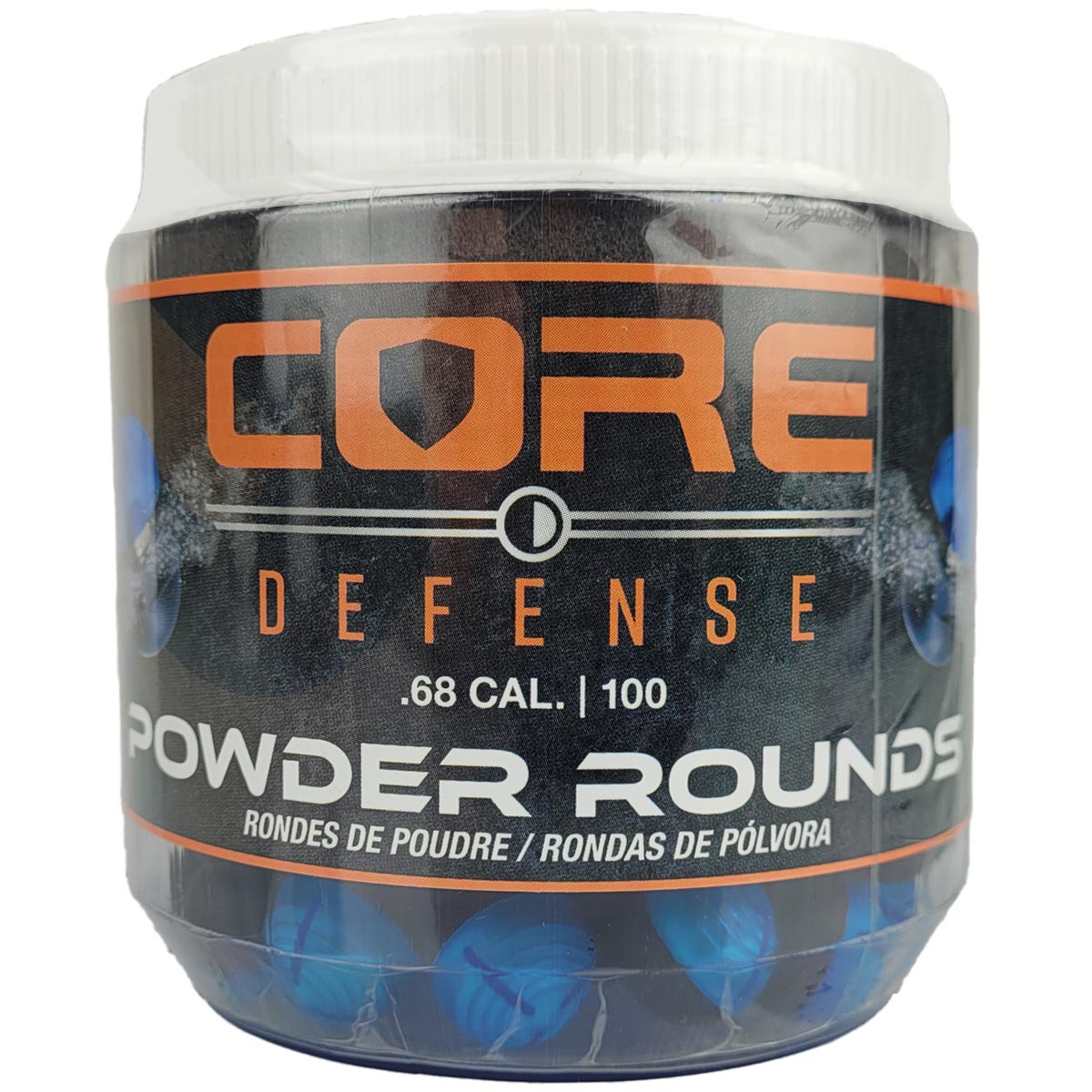 P2P Core Defense Powder Balls .68 Caliber 100 Pack shown in the container front view
