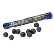 Umarex T4E P2P .50 Caliber Hard Rubber Balls 10 Pack scattered black rounds and tube on a white background
