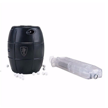 Elite Force Hailstorm GBB Airsoft Grenade Black with speed loader and bbs on a white background