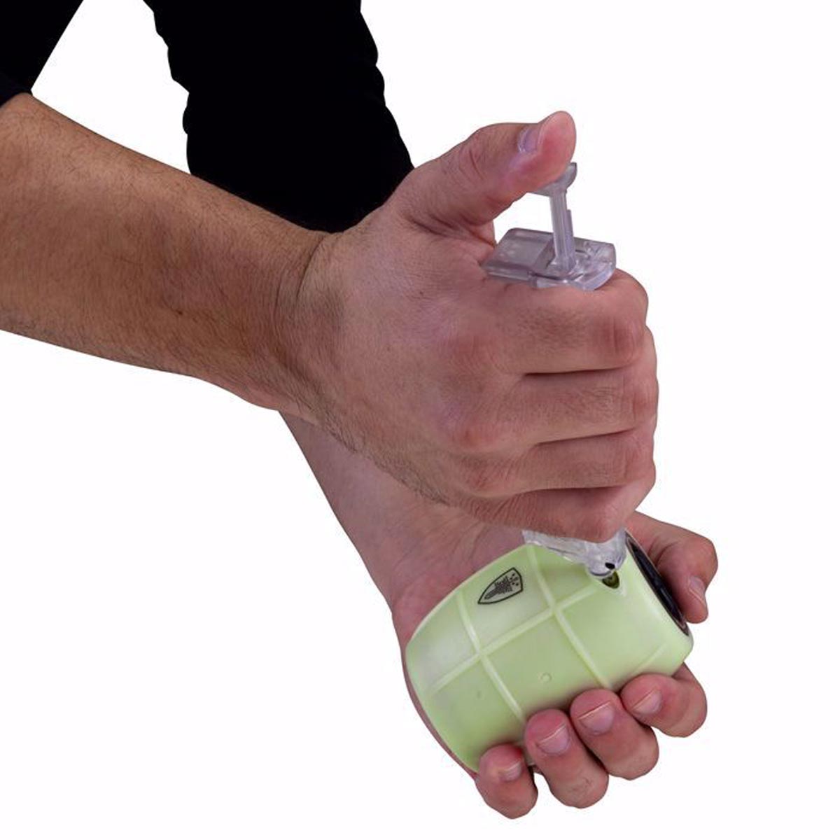 person loading bbs into Elite Force Hailstorm GBB Airsoft Grenade Glow in the Dark on a white background