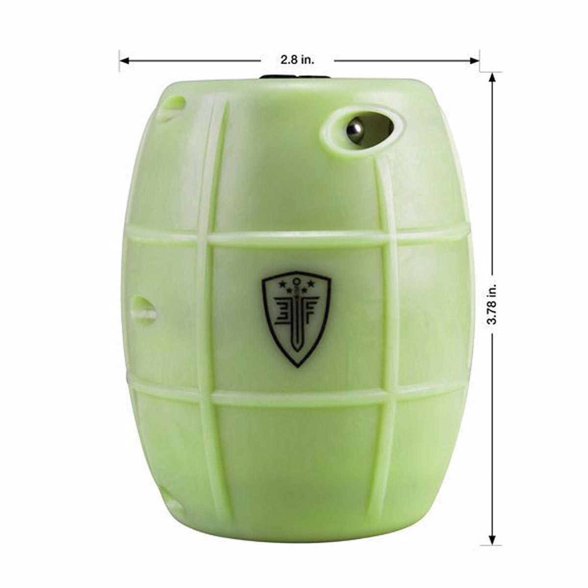 Elite Force Hailstorm GBB Airsoft Grenade Glow in the Dark with size dimensions on a white background